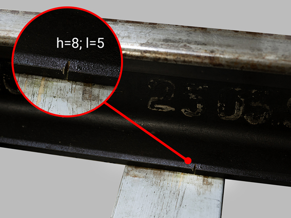Artificial defect (cut) in the rail sole